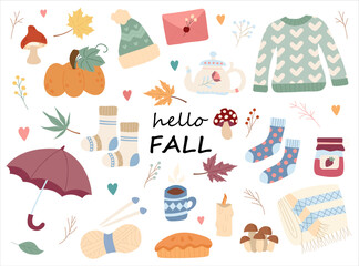 Autumn vector icons set. Hello fall design elements. Sweater, pumpkin, socks, mushroom, leaves, coffee, knitting, candle, book, umbrella, pie, cup. 