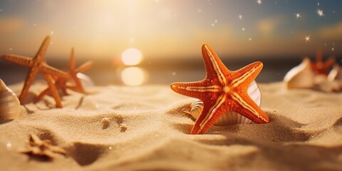  cheerful starfish lying on the sandy beach, with beach shells scattered around, and the reflection of the sun shimmering on the water, copy space
