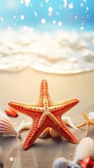 Fototapeta na wymiar cheerful starfish lying on the sandy beach, with beach shells scattered around, and the reflection of the sun shimmering on the water, copy space