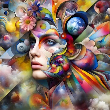 A surreal image of a face with different elements and colors