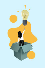 Vertical creative composite photo collage of small little girl stand in box hold lightbulb have...