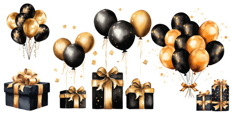 black and gold balloons and present boxes with gold ribbon
