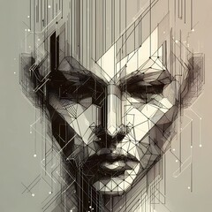 A digital art image of a face made up of geometric shapes and lines 