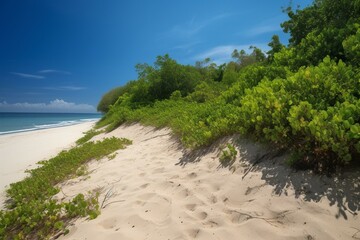 Sandy shore beside lush foliage and clear blue heavens. Generative AI