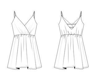 women , girl,spaghetti strap,V neck cross wrap mini summer dress technical drawing vector,fashion flat,cad