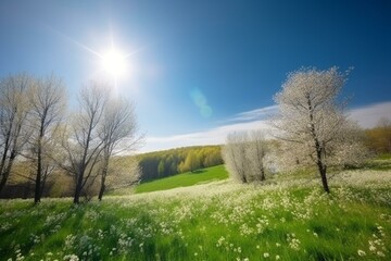 Serene blurred spring scene of blooming glade and trees under blue sky on sunny day. Generative AI