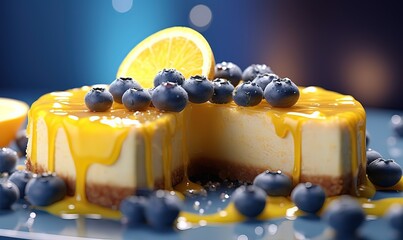 AI cheesecake al limone con mirtilli 03 - obrazy, fototapety, plakaty