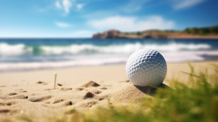 AI generated illustration of a golf ball in the sand on a beach with the ocean in the background