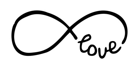 Infinity symbol with word love, hand drawn with ink brush. Thin line scribble icon. Png clipart isolated on transparent background