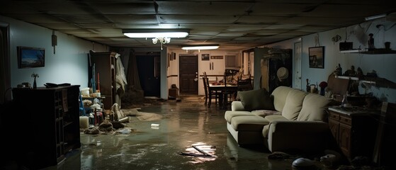 home's flooded basement with waterlogged possessions, to portray the emotional impact of property damage
