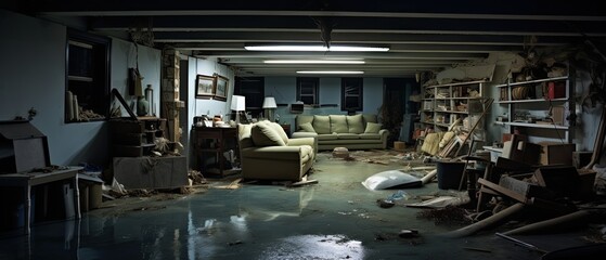 home's flooded basement with waterlogged possessions, to portray the emotional impact of property damage - obrazy, fototapety, plakaty