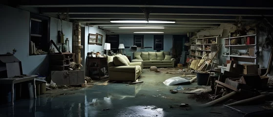 Fotobehang home's flooded basement with waterlogged possessions, to portray the emotional impact of property damage © Filip