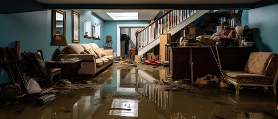home's flooded basement with waterlogged possessions, to portray the emotional impact of property damage