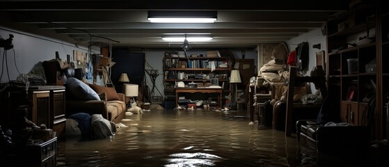 home's flooded basement with waterlogged possessions, to portray the emotional impact of property damage