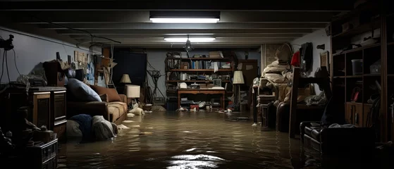 Fotobehang home's flooded basement with waterlogged possessions, to portray the emotional impact of property damage © Filip