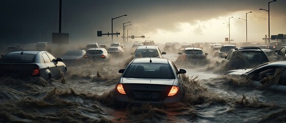 Highway Havoc: Capture the chaos of a flooded highway with stranded cars, emphasizing the disruption of daily life