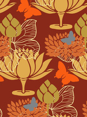 Seamless pattern with plants and butterflies on the red background.