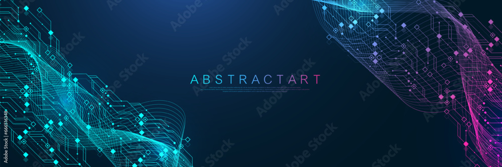 Aufkleber Quantum computer technologies concept. Futuristic blue circuit board background vector. Modern technology circuit board texture background design. Waves flow. Quantum explosion technology.