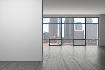 Downtown Los Angeles City Skyline Buildings from High Rise Window. Beautiful Expensive Real Estate overlooking. Empty room Interior. Mockup wall. Skyscrapers Cityscape. Day. California. 3d rendering.