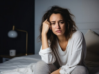 Obraz premium A young woman sat sadly in her pajamas on her bed