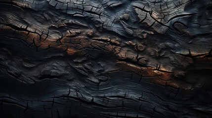 Charred wood bark black texture. Detailed macro close-up view of tree burned scratched cork background. Generative AI