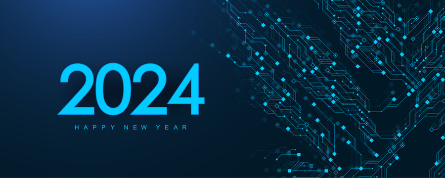 Template New Year and Happy Christmas cards in the style of new technology 2024. Christmas 2024 year on printed circuit board. Digits 2024 in electronic technology style