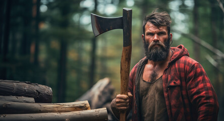 Canadian Lumberjack: A Bearded Man in Flannel, Skillfully Wielding an Axe in the Heart of the Forest, Where Timber Becomes the Symbol of His Hardworking Life