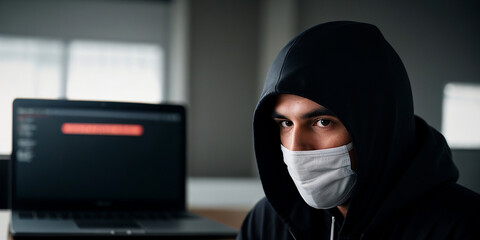 A harmful hacker hacking with his laptop, hacking background with copy space, cybersecurity concept - obrazy, fototapety, plakaty