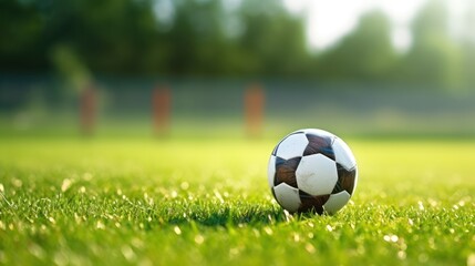 A soccer ball lying on a soccer field. Green lawn