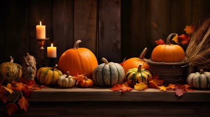 a thanksgiving table of autumn produce, pumpkins, gourds and corn