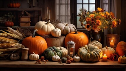 a thanksgiving table of autumn produce, pumpkins, gourds and corn