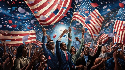People wave the flag of America, the United States of America