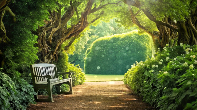hidden nook in the garden, tree arch and wooden garden bench on a grass lawn, beautiful alley in summer park