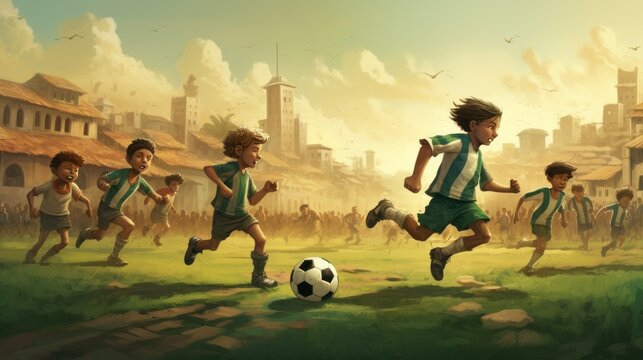 Boys playing football together. Comic design suitable for children.