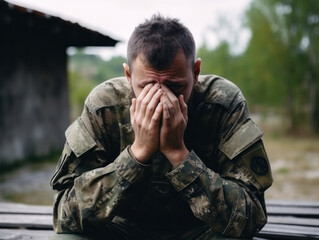 An American soldier with ptsd sits sad