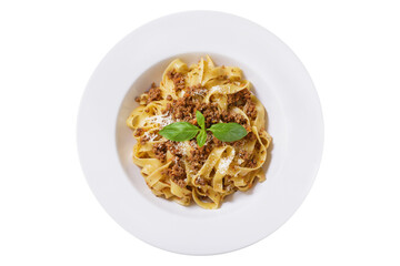plate of pasta bolognese isolated on transparent background, top view