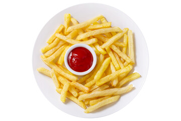 plate of french fries with ketchup isolated on transparent background, top view