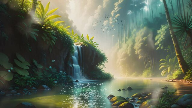 fantasy tropical forest with beautiful river, waterfall and plants. Cartoon or anime watercolor painting illustration style. seamless looping 4K time-lapse virtual video animation background.