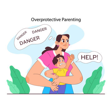 Overprotective parenting. Anxious mother shields a scared child, seeing threats