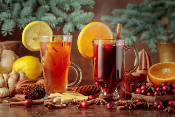 Hot Christmas drinks with ingredients.