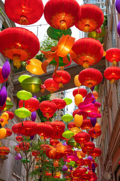 Beautiful Chinese new year red paper latern decoration in the morning on modern Hong Kong Street for celebrate the Chinese New Year. Decoration for chinese new year in Hong Kong at day. Lunar holiday