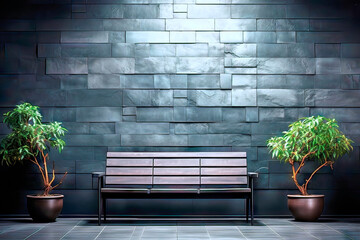 Simple Bench Among Potted Plants on a Granite Paving in Front of a Dark Wall with Basalt Stone Cladding - obrazy, fototapety, plakaty
