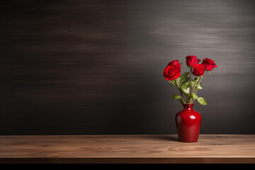 A vase of red flowers on a wooden table