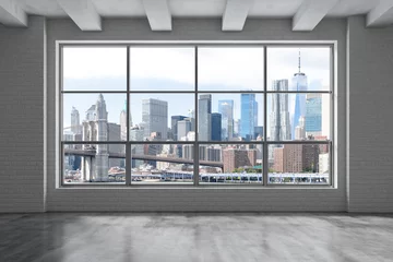 Tuinposter Downtown New York City Lower Manhattan Skyline Buildings. High Floor Window. Expensive Real Estate. Empty room Interior Skyscrapers View Cityscape. Financial district. Brooklyn Bridge. 3d rendering. © VideoFlow