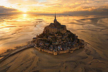 Aerial top view of Mont Saint Michel castle, France. Europe. - obrazy, fototapety, plakaty