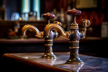 Two taps on counter of historic pub. Generative AI