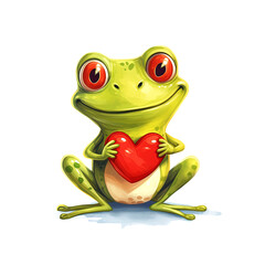 Fototapeta premium Illustration of a funny frog with red heart sitting, smiling, on white background