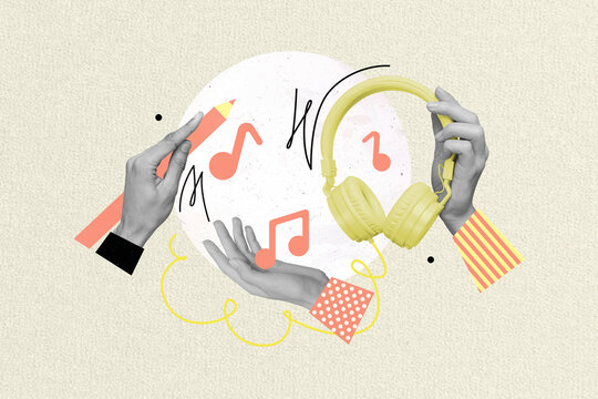 Creative composite template photo collage of human hands hold headphones draw music notes listen playlist isolated on painted background