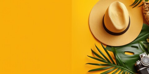 flat lay with traveler accessories tropical palm leaf, retro camera, sun hat, starfish on yellow background