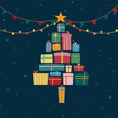 Collection of gift box pile in Christmas tree shape over dark blue background and blur snowflakes. Vector illustration for Merry Christmas concept